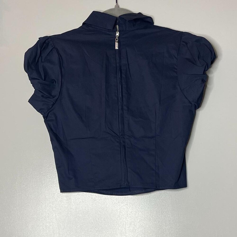 Navy Blue Ruffled Neck Shirt With Rhinestones - Picture 4 of 5